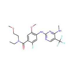 CCN(CCOC)C(=O)c1cc(OC)c(Nc2ncc(C(F)(F)F)c(NC)n2)cc1F ZINC000169705199