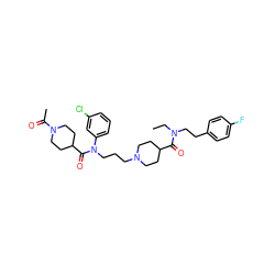 CCN(CCc1ccc(F)cc1)C(=O)C1CCN(CCCN(C(=O)C2CCN(C(C)=O)CC2)c2cccc(Cl)c2)CC1 ZINC000103234262