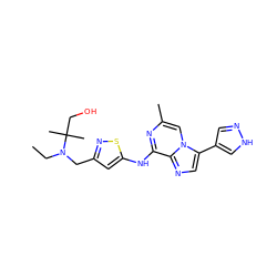 CCN(Cc1cc(Nc2nc(C)cn3c(-c4cn[nH]c4)cnc23)sn1)C(C)(C)CO ZINC000058660958