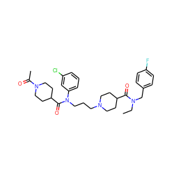 CCN(Cc1ccc(F)cc1)C(=O)C1CCN(CCCN(C(=O)C2CCN(C(C)=O)CC2)c2cccc(Cl)c2)CC1 ZINC000103234225