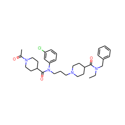 CCN(Cc1ccccc1)C(=O)C1CCN(CCCN(C(=O)C2CCN(C(C)=O)CC2)c2cccc(Cl)c2)CC1 ZINC000103234270