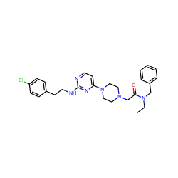 CCN(Cc1ccccc1)C(=O)CN1CCN(c2ccnc(NCCc3ccc(Cl)cc3)n2)CC1 ZINC000071329554