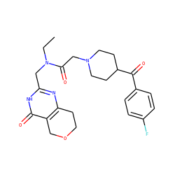 CCN(Cc1nc2c(c(=O)[nH]1)COCC2)C(=O)CN1CCC(C(=O)c2ccc(F)cc2)CC1 ZINC000096283565