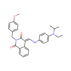 CCN(c1ccc(N/C=C2/C(=O)N(Cc3ccc(OC)cc3)C(=O)c3ccccc32)cc1)C(C)C ZINC000018098181