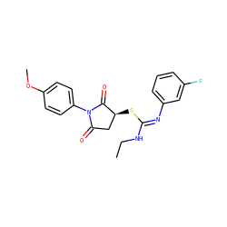 CCN/C(=N/c1cccc(F)c1)S[C@H]1CC(=O)N(c2ccc(OC)cc2)C1=O ZINC000018029057