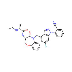 CCN[C@@H](C)C(=O)N[C@H]1COc2ccccc2N(Cc2cc(F)cc3c2cnn3-c2ccccc2C#N)C1=O ZINC000220134311