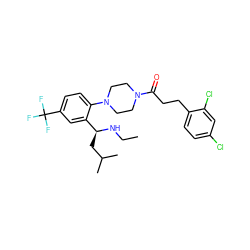 CCN[C@@H](CC(C)C)c1cc(C(F)(F)F)ccc1N1CCN(C(=O)CCc2ccc(Cl)cc2Cl)CC1 ZINC000036285536