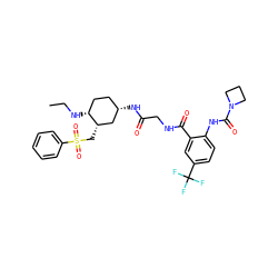 CCN[C@@H]1CC[C@H](NC(=O)CNC(=O)c2cc(C(F)(F)F)ccc2NC(=O)N2CCC2)C[C@@H]1CS(=O)(=O)c1ccccc1 ZINC000082151715