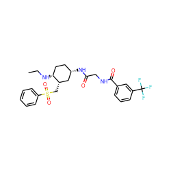 CCN[C@@H]1CC[C@H](NC(=O)CNC(=O)c2cccc(C(F)(F)F)c2)C[C@@H]1CS(=O)(=O)c1ccccc1 ZINC000082156991