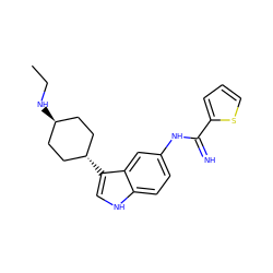 CCN[C@H]1CC[C@H](c2c[nH]c3ccc(NC(=N)c4cccs4)cc32)CC1 ZINC000101509274