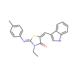 CCN1C(=O)/C(=C\c2c[nH]c3ccccc23)S/C1=N\c1ccc(C)cc1 ZINC000013125959