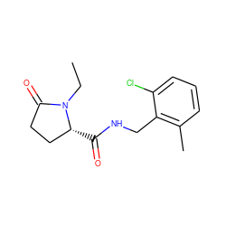 CCN1C(=O)CC[C@H]1C(=O)NCc1c(C)cccc1Cl ZINC000095565492