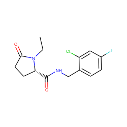 CCN1C(=O)CC[C@H]1C(=O)NCc1ccc(F)cc1Cl ZINC000058582690