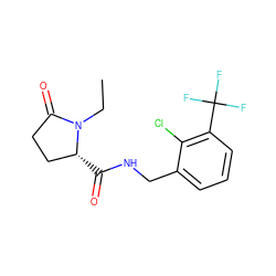 CCN1C(=O)CC[C@H]1C(=O)NCc1cccc(C(F)(F)F)c1Cl ZINC000058590869