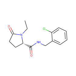 CCN1C(=O)CC[C@H]1C(=O)NCc1ccccc1Cl ZINC000058592402