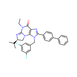 CCN1C(=O)c2nc(-c3ccc(-c4ccccc4)cc3)n(Cc3cc(F)cc(F)c3)c2N2C[C@@H](C(C)C)N=C12 ZINC000073196325