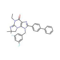 CCN1C(=O)c2nc(-c3ccc(-c4ccccc4)cc3)n(Cc3cc(F)cc(F)c3)c2N2CC(C)(C)N=C12 ZINC000073158953