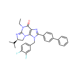 CCN1C(=O)c2nc(-c3ccc(-c4ccccc4)cc3)n(Cc3ccc(F)c(F)c3)c2N2C[C@@H](C(C)C)N=C12 ZINC000073169385