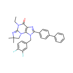 CCN1C(=O)c2nc(-c3ccc(-c4ccccc4)cc3)n(Cc3ccc(F)c(F)c3)c2N2CC(C)(C)N=C12 ZINC000073161961