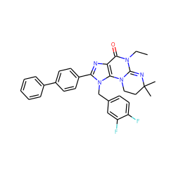 CCN1C(=O)c2nc(-c3ccc(-c4ccccc4)cc3)n(Cc3ccc(F)c(F)c3)c2N2CCC(C)(C)N=C12 ZINC000073156591