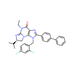 CCN1C(=O)c2nc(-c3ccc(-c4ccccc4)cc3)n(Cc3ccc(F)cc3F)c2N2C[C@@H](C(C)C)N=C12 ZINC000073196323