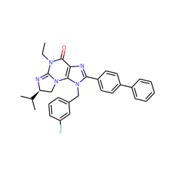 CCN1C(=O)c2nc(-c3ccc(-c4ccccc4)cc3)n(Cc3cccc(F)c3)c2N2C[C@@H](C(C)C)N=C12 ZINC000073170075