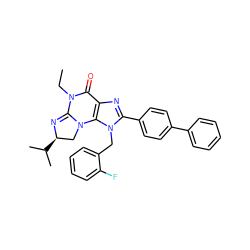 CCN1C(=O)c2nc(-c3ccc(-c4ccccc4)cc3)n(Cc3ccccc3F)c2N2C[C@@H](C(C)C)N=C12 ZINC000073169387