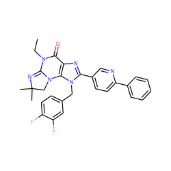 CCN1C(=O)c2nc(-c3ccc(-c4ccccc4)nc3)n(Cc3ccc(F)c(F)c3)c2N2CC(C)(C)N=C12 ZINC000073158955