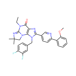 CCN1C(=O)c2nc(-c3ccc(-c4ccccc4OC)nc3)n(Cc3ccc(F)c(F)c3)c2N2CC(C)(C)N=C12 ZINC000073158959