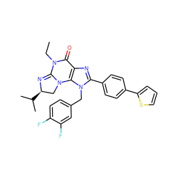 CCN1C(=O)c2nc(-c3ccc(-c4cccs4)cc3)n(Cc3ccc(F)c(F)c3)c2N2C[C@@H](C(C)C)N=C12 ZINC000071341073