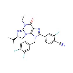 CCN1C(=O)c2nc(-c3ccc(C#N)c(F)c3)n(Cc3ccc(F)c(F)c3)c2N2C[C@@H](C(C)C)N=C12 ZINC000071340303