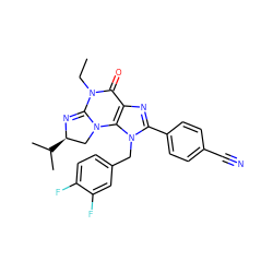 CCN1C(=O)c2nc(-c3ccc(C#N)cc3)n(Cc3ccc(F)c(F)c3)c2N2C[C@@H](C(C)C)N=C12 ZINC000071341418