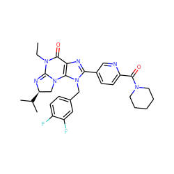 CCN1C(=O)c2nc(-c3ccc(C(=O)N4CCCCC4)nc3)n(Cc3ccc(F)c(F)c3)c2N2C[C@@H](C(C)C)N=C12 ZINC000071331422