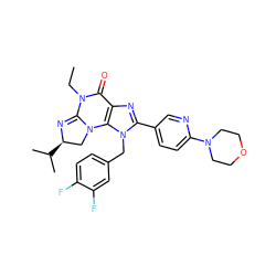 CCN1C(=O)c2nc(-c3ccc(N4CCOCC4)nc3)n(Cc3ccc(F)c(F)c3)c2N2C[C@@H](C(C)C)N=C12 ZINC000071340336