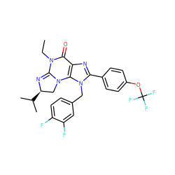 CCN1C(=O)c2nc(-c3ccc(OC(F)(F)F)cc3)n(Cc3ccc(F)c(F)c3)c2N2C[C@@H](C(C)C)N=C12 ZINC000071411258