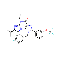 CCN1C(=O)c2nc(-c3cccc(OC(F)(F)F)c3)n(Cc3ccc(F)c(F)c3)c2N2C[C@@H](C(C)C)N=C12 ZINC000071333624