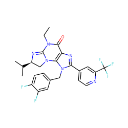 CCN1C(=O)c2nc(-c3ccnc(C(F)(F)F)c3)n(Cc3ccc(F)c(F)c3)c2N2C[C@@H](C(C)C)N=C12 ZINC000071340866