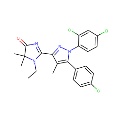 CCN1C(c2nn(-c3ccc(Cl)cc3Cl)c(-c3ccc(Cl)cc3)c2C)=NC(=O)C1(C)C ZINC000040424407