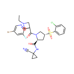 CCN1CC(C(=O)N2C[C@H](S(=O)(=O)c3ccccc3Cl)C[C@H]2C(=O)NC2(C#N)CC2)(c2ncc(Br)cc2F)C1 ZINC000169705922