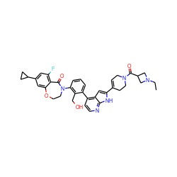 CCN1CC(C(=O)N2CC=C(c3cc4c(-c5cccc(N6CCOc7cc(C8CC8)cc(F)c7C6=O)c5CO)ccnc4[nH]3)CC2)C1 ZINC001772641576