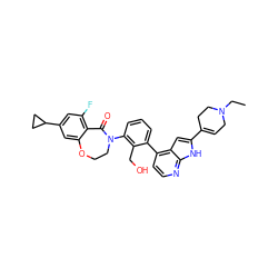 CCN1CC=C(c2cc3c(-c4cccc(N5CCOc6cc(C7CC7)cc(F)c6C5=O)c4CO)ccnc3[nH]2)CC1 ZINC001772619625