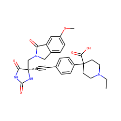 CCN1CCC(C(=O)O)(c2ccc(C#C[C@]3(CN4Cc5ccc(OC)cc5C4=O)NC(=O)NC3=O)cc2)CC1 ZINC000149823644