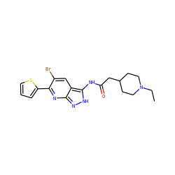 CCN1CCC(CC(=O)Nc2[nH]nc3nc(-c4cccs4)c(Br)cc23)CC1 ZINC000013538647