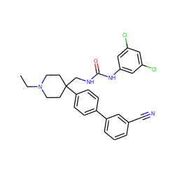 CCN1CCC(CNC(=O)Nc2cc(Cl)cc(Cl)c2)(c2ccc(-c3cccc(C#N)c3)cc2)CC1 ZINC000028113837