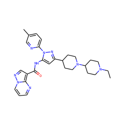 CCN1CCC(N2CCC(c3cc(NC(=O)c4cnn5cccnc45)n(-c4ccc(C)cn4)n3)CC2)CC1 ZINC000142419224