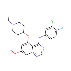 CCN1CCC(Oc2cc(OC)cc3ncnc(Nc4ccc(F)c(Cl)c4)c23)CC1 ZINC000028572247
