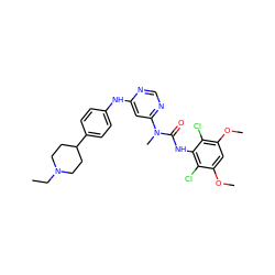 CCN1CCC(c2ccc(Nc3cc(N(C)C(=O)Nc4c(Cl)c(OC)cc(OC)c4Cl)ncn3)cc2)CC1 ZINC000072124687