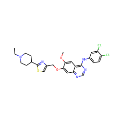 CCN1CCC(c2nc(COc3cc4ncnc(Nc5ccc(Cl)c(Cl)c5)c4cc3OC)cs2)CC1 ZINC000114821330