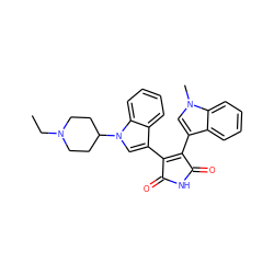 CCN1CCC(n2cc(C3=C(c4cn(C)c5ccccc45)C(=O)NC3=O)c3ccccc32)CC1 ZINC000013489991