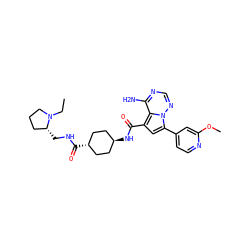 CCN1CCC[C@H]1CNC(=O)[C@H]1CC[C@H](NC(=O)c2cc(-c3ccnc(OC)c3)n3ncnc(N)c23)CC1 ZINC000261114356